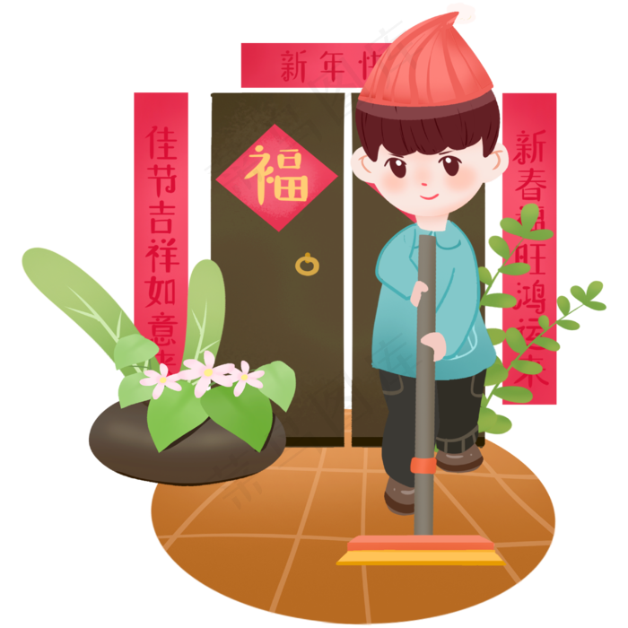 小年二十三扫房子手绘插画,免抠元素
