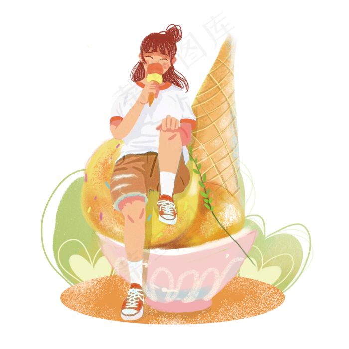 小暑吃冰淇淋女生png(2000X2000(DPI:300))psd模版下载