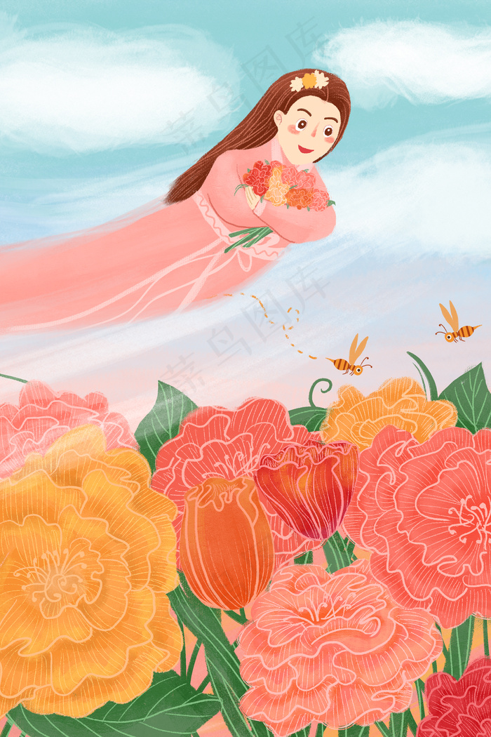 小清新芒种送花神鲜花花海女神(3545*5315px 300 dpi )psd模版下载