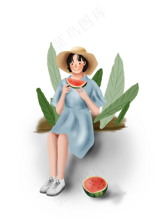 夏至吃西瓜的女孩