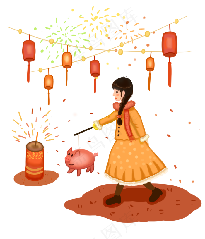 元宵节放鞭炮的小女孩,免抠元素(3000X3500(DPI:300))psd模版下载