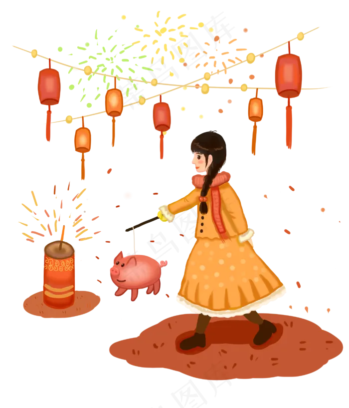 元宵节放鞭炮的小女孩,免抠元素(3000X3500(DPI:300))psd模版下载