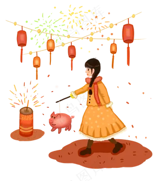 元宵节放鞭炮的小女孩,免抠元素