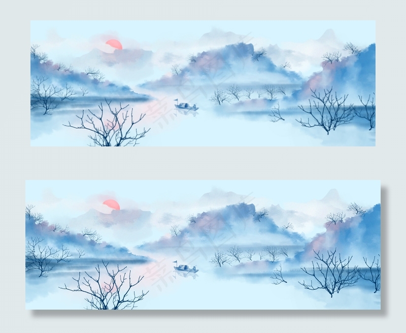 清明节山水画中国风绿色淘宝海报背景