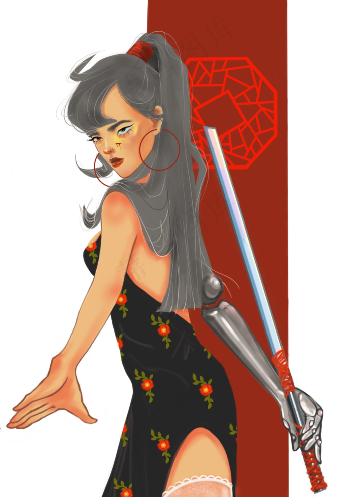 国潮机械战士御姐中国风剑道