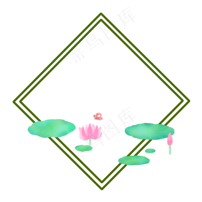 方形荷花蝴蝶边框PNG(2000X2000(DPI:300))psd模版下载