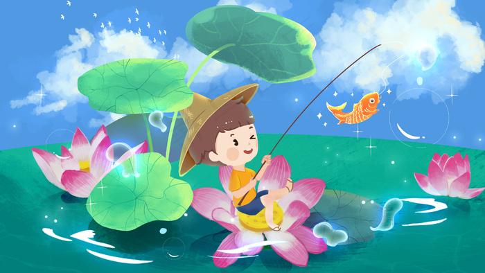 夏天孩子暑假钓鱼(2880*1620px 300 dpi )psd模版下载