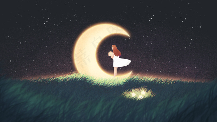 夏天夜晚星空下摘星星的女孩(2880*1620px 300 dpi )psd模版下载