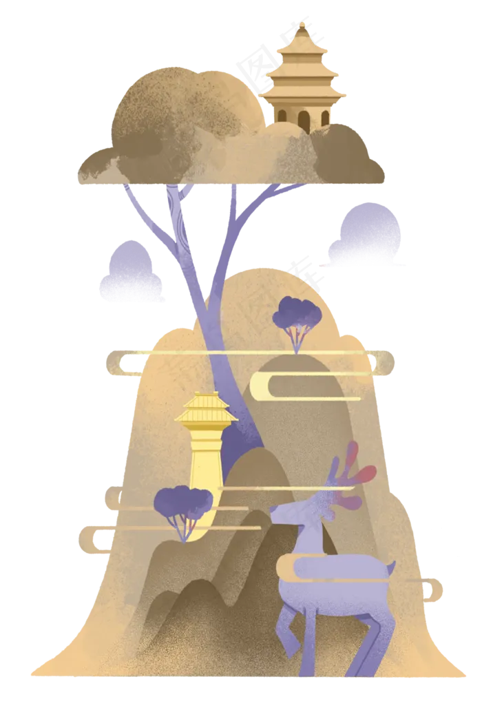中国式山水装饰金山银山宝塔神鹿(3000X4500(DPI:300))psd模版下载