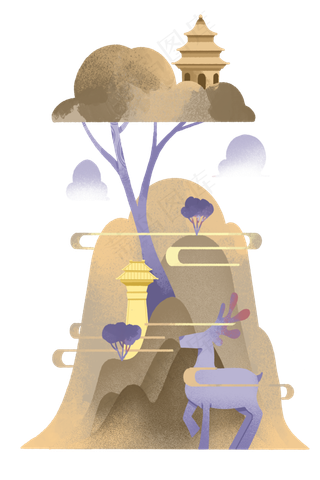 中国式山水装饰金山银山宝塔神鹿