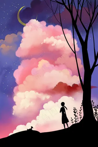 卡通手绘风治愈美景傍晚星空配图