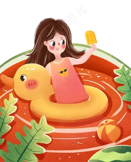 手绘卡通西瓜里的女孩免扣元素 手绘卡通西瓜里的女孩免扣元素