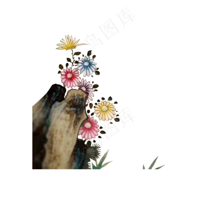 中国国画水墨小菊花雏菊PNG山石可,免抠元素