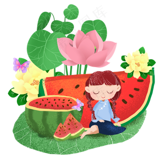 夏日西瓜荷花和女孩