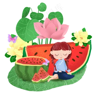 夏日西瓜荷花和女孩