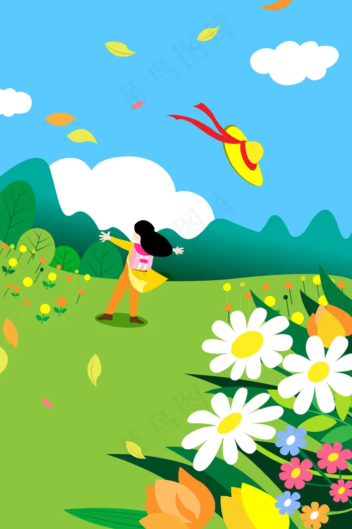 扁平风51出游女孩玩耍配图(3545*5315px 300 dpi )ai矢量模版下载
