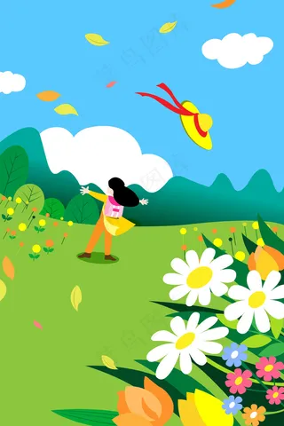 扁平风51出游女孩玩耍配图