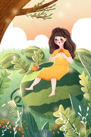 小清新立夏节气女孩吃西瓜