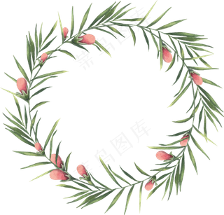 森系小清新水彩手绘绿叶花环