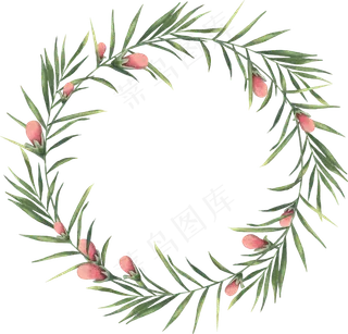 森系小清新水彩手绘绿叶花环