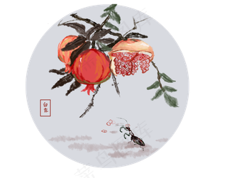 24节气白露水墨画石榴,免抠元素