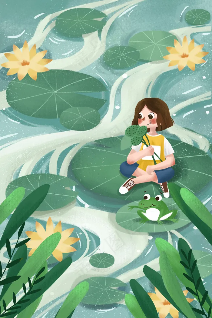 夏天夏季荷花荷叶女孩立夏夏至大暑初夏节气