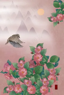 中国风蔷薇工笔花鸟山石 中国风蔷薇工笔花鸟山石