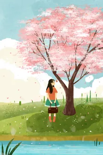 学生女孩樱花树下治愈系唯美风