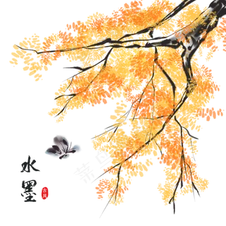 中国风水墨秋季树枝,免抠元素