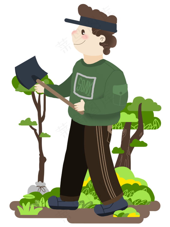 植树节人物和铲子