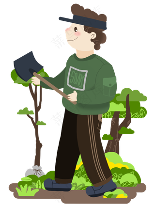 植树节人物和铲子