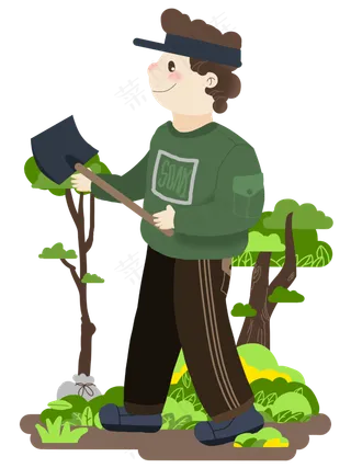 植树节人物和铲子