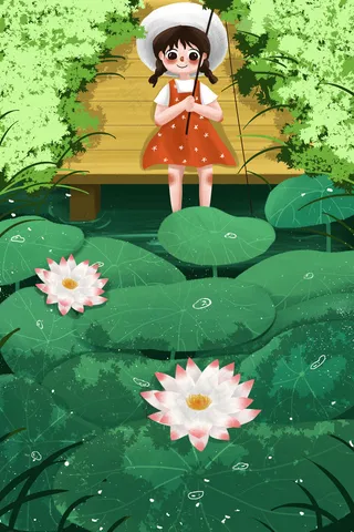 夏天夏季夏日荷花荷叶女孩钓鱼池塘大暑夏至