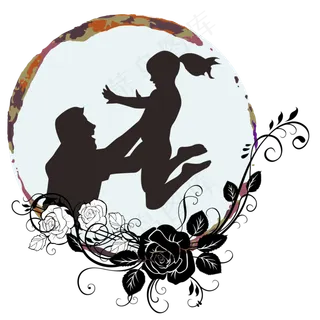 手绘父亲与女儿的剪影设计素材