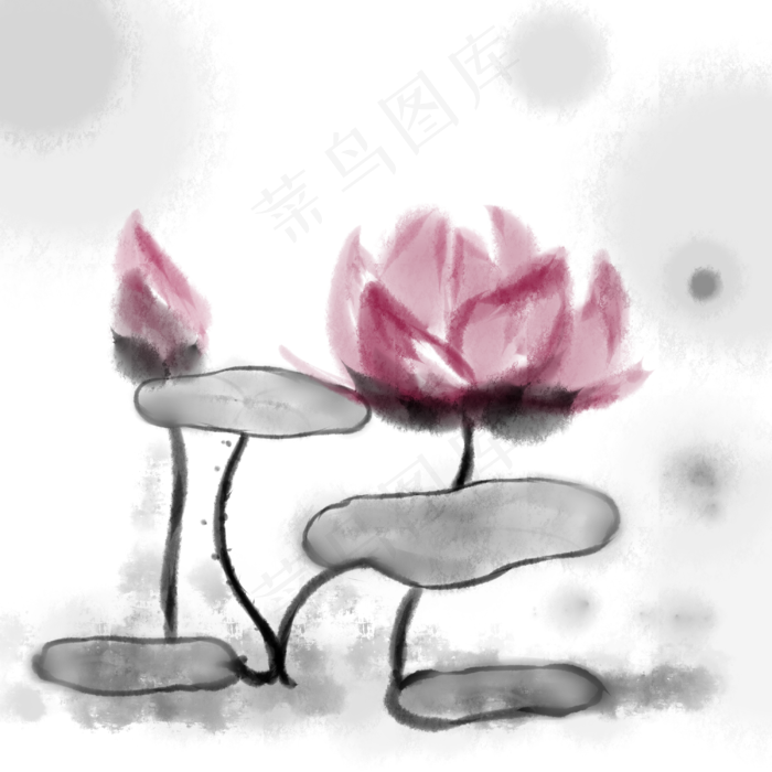 水墨黑色系红色荷花荷叶(3000X3000(DPI:299))psd模版下载