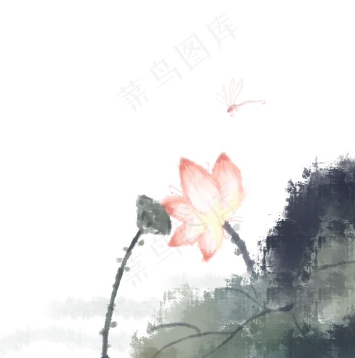 浅淡彩荷花水墨画(3507X3543(DPI:300))psd模版下载
