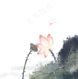 浅淡彩荷花水墨画