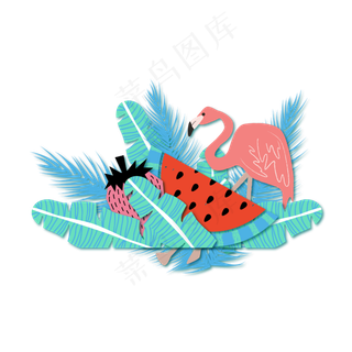 矢量手绘树叶火烈鸟