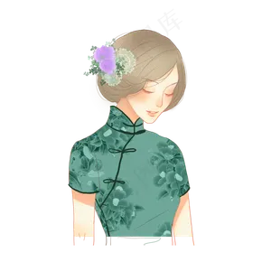 低头闭目的戴花绿色旗袍女子