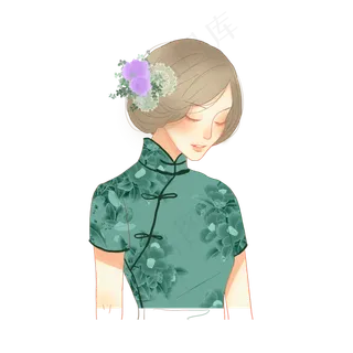 低头闭目的戴花绿色旗袍女子