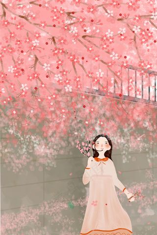 春天夏至樱花植物少女天空旅游踏青场景