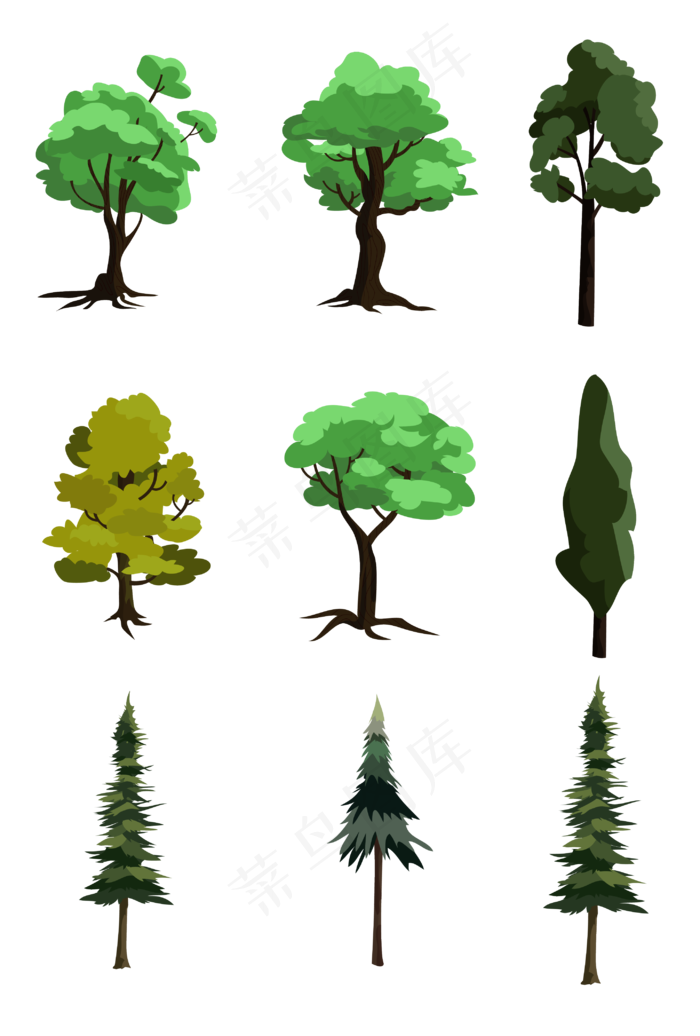 卡通扁平树木的矢量免扣图,免抠元素
