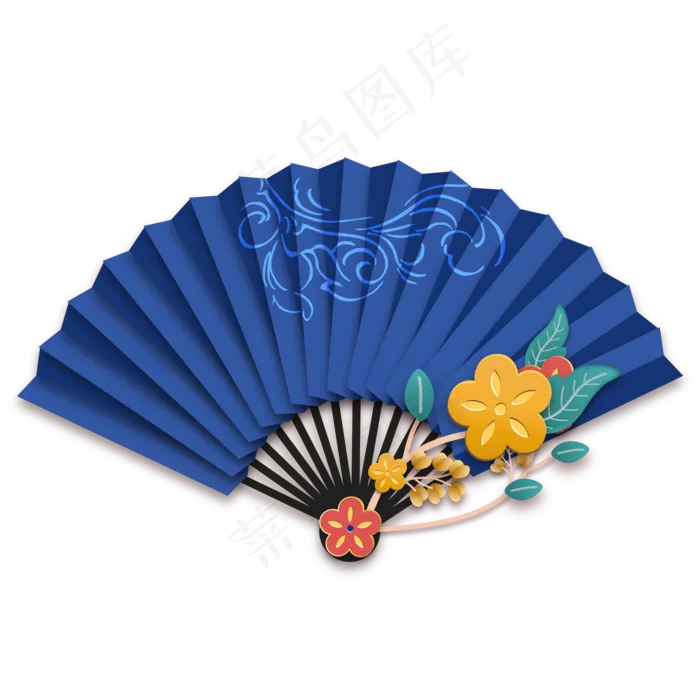 中国风蓝色立体折纸扇子,免抠元素