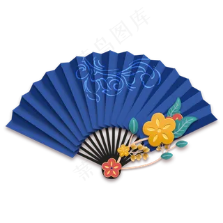 中国风蓝色立体折纸扇子,免抠元素 中国风蓝色立体折纸扇子,免抠元素