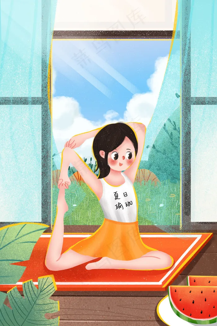 夏天大暑节气女孩练瑜伽(3545*5315px 300 dpi )psd模版下载
