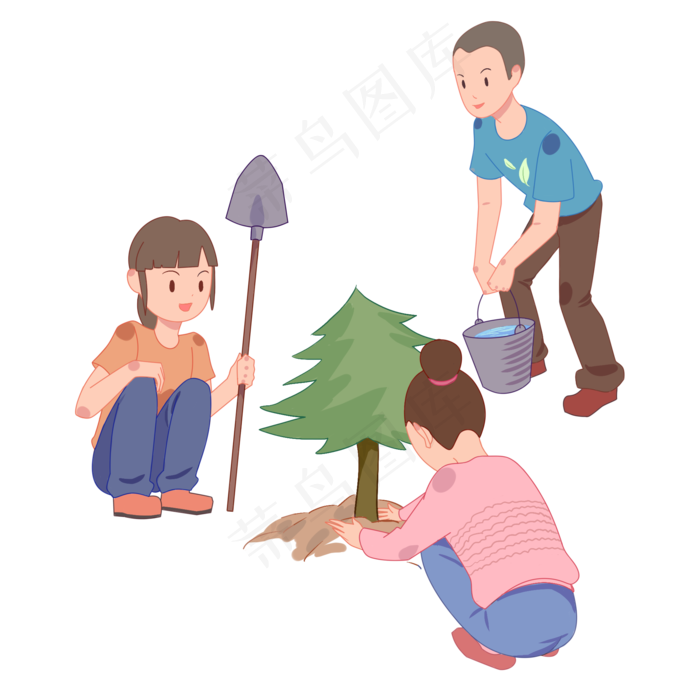手绘男孩和女孩辛勤植树