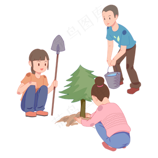 手绘男孩和女孩辛勤植树