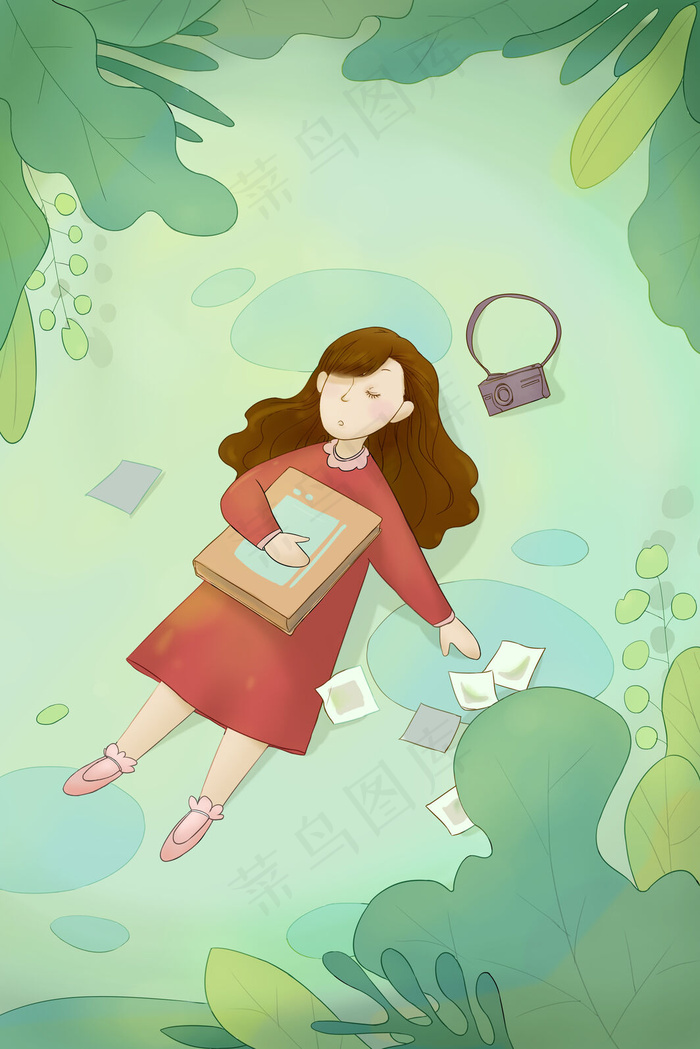 绿色系卡通手绘风春困女孩睡觉配图(3545X5315(DPI:300))psd模版下载
