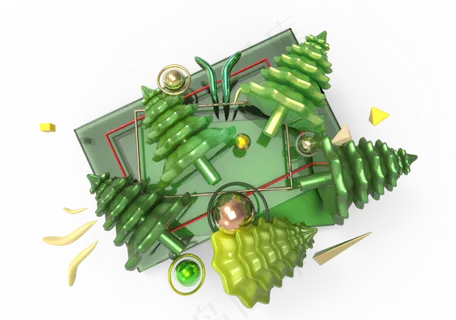 绿金立体金属树漂浮电商png