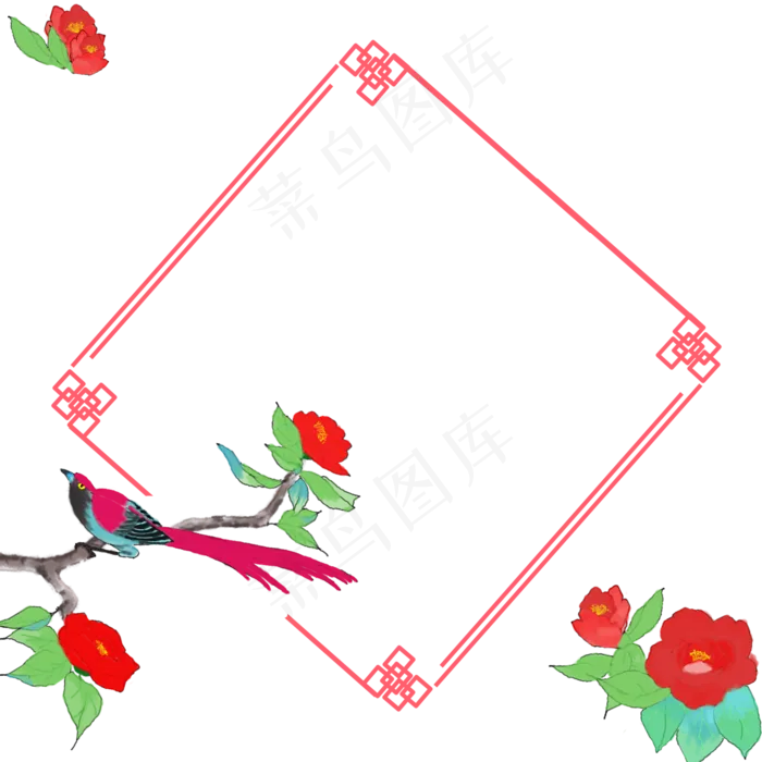 边框中国风花鸟植物壁画装饰,免抠元素